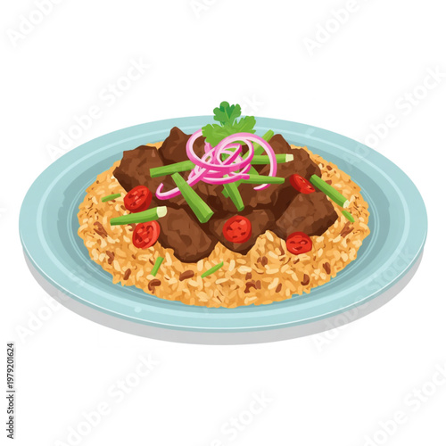 Beef Fried Rice Flat Vector Illustration Isolated on White Background