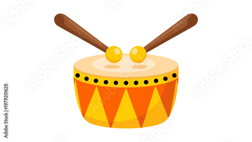 Colorful drum with drumsticks and cymbals being played by cartoon hands Vector