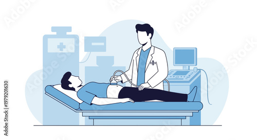 Doctor performing ultrasound on patient lying on examination table in clinic