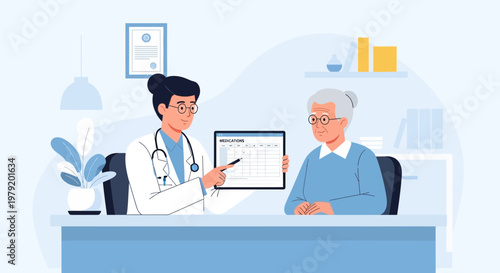 Doctor showing medical appointment schedule on tablet to elderly patient in clinic