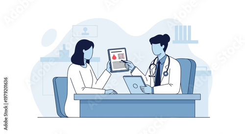 Doctor showing blood test results to patient in clinic, medical consultation, healthcare concept