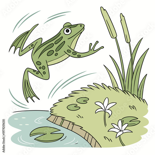 Cartoon frog jumping, green amphibian illustration, pond scene, wildlife vector