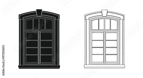 Two architectural window designs presented in black and white line art