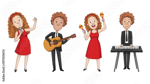 Four musicians performing together with instruments in a cheerful setting Vector