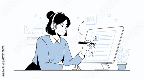 Woman with headphones working on computer, selecting profile from list