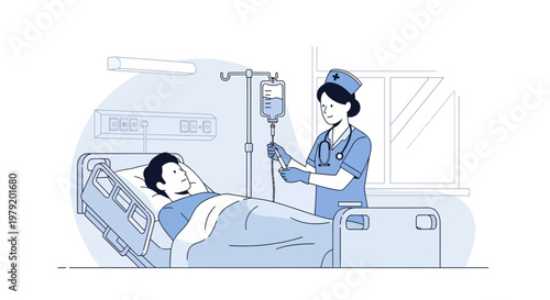 Nurse Adjusting IV Drip for Patient in Hospital Bed, Medical Care Illustration
