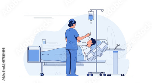 Nurse Administering IV Drip to Patient in Hospital Bed, Medical Care Concept