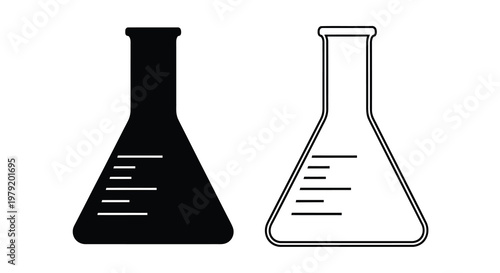 Two conical flasks one filled and one empty in a black and white illustration