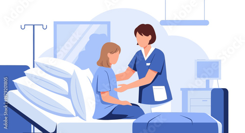Nurse Caring Patient in Hospital Bed, Medical Care and Support Illustration
