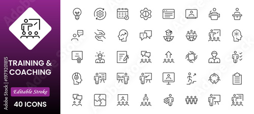 Training and coaching line icons collection. Big UI icon set in a flat design. Thin outline icons pack. Vector illustration