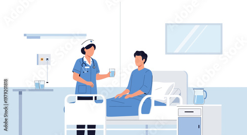 Nurse Caring for Patient in Hospital Room, Offering Water