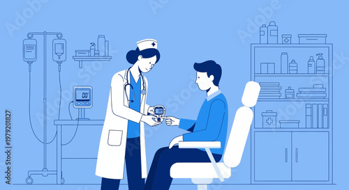 Nurse checking patient's blood sugar level in a clinic, medical checkup illustration