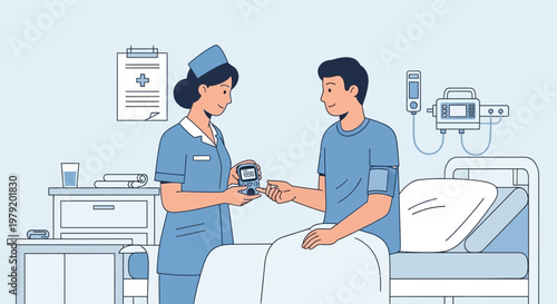 Nurse checking patient's blood sugar level in hospital room, diabetes care