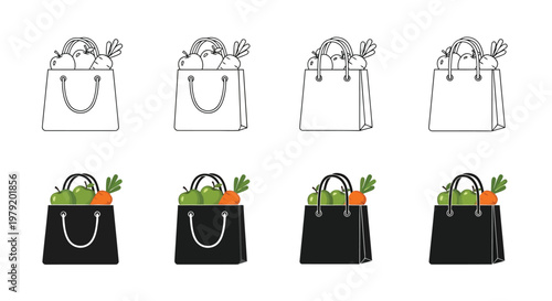 Line art illustration of shopping bags filled with fruits and vegetables