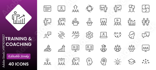 Training and coaching line icons collection. Big UI icon set in a flat design. Thin outline icons pack. Vector illustration