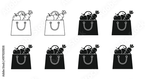 Black and white illustration of shopping bags filled with fruits and vegetables