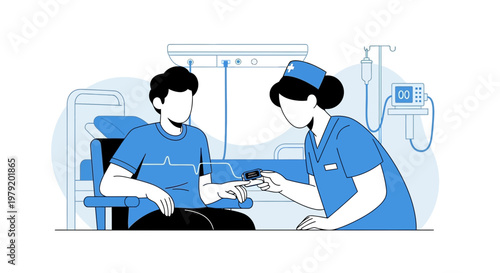 Nurse checks patient's oxygen saturation with pulse oximeter in hospital room