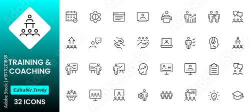 Training and coaching line icons collection. Big UI icon set in a flat design. Thin outline icons pack. Vector illustration