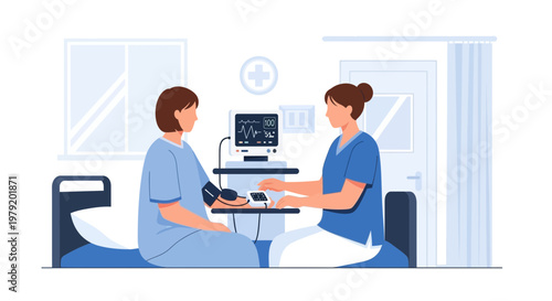 Nurse checks patient's blood pressure in hospital room with medical monitor