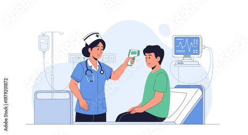 Nurse checks patient's temperature with infrared thermometer in hospital room.