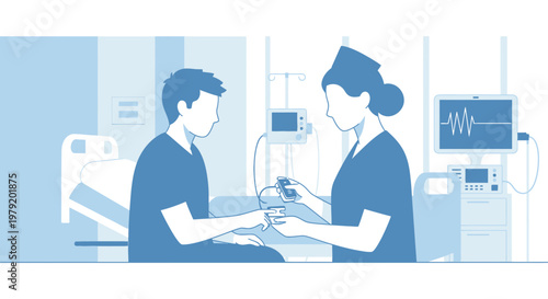 Nurse checks patient's vital signs with medical equipment in hospital room