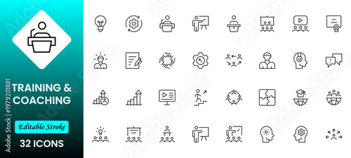 Training and coaching line icons collection. Big UI icon set in a flat design. Thin outline icons pack. Vector illustration