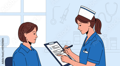 Nurse consulting patient, writing on clipboard in clinic, medical examination, healthcare concept