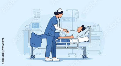 Nurse Examining Patient in Hospital Bed with Medical Equipment