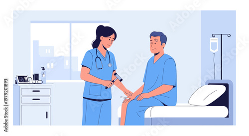 Nurse examining patient's arm with reflex hammer in hospital room