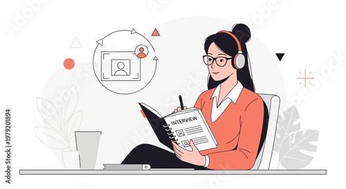 Woman with headphones taking notes during online interview, remote work concept