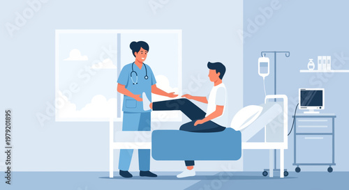 Nurse examining patient's leg in hospital room, rehabilitation and care concept
