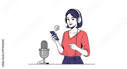 Woman with headphones records podcast on smartphone with microphone