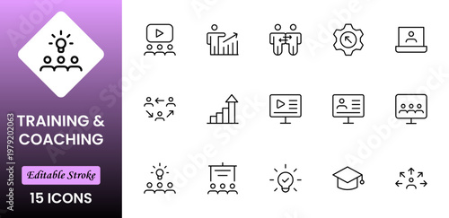 Training and coaching line icons collection. Big UI icon set in a flat design. Thin outline icons pack. Vector illustration