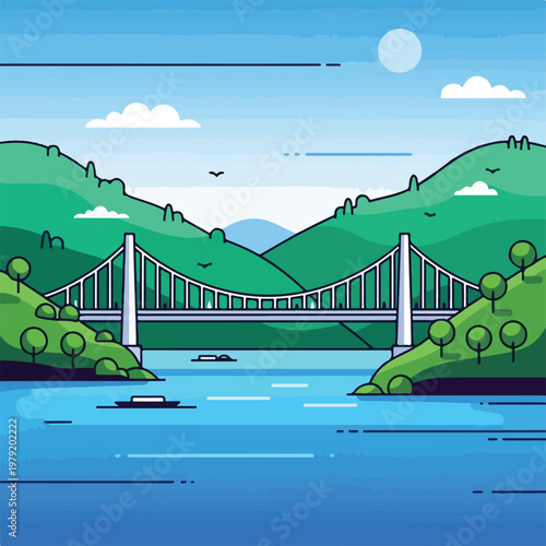 Suspension Bridge over Calm River Water.