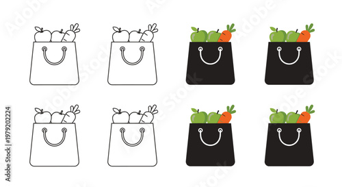 Line art illustration of shopping bags filled with apples and carrots