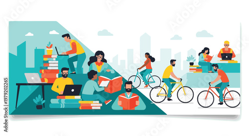 People Working And Riding Bikes Together.