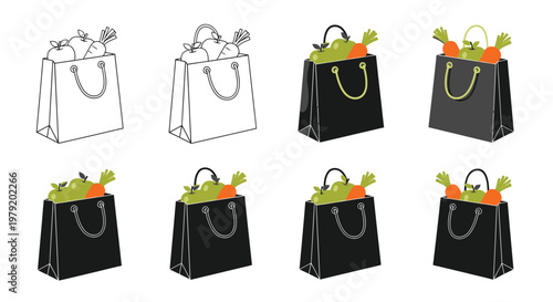 Shopping bags filled with produce displayed in varying colors and outlines