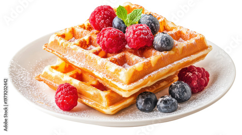 Freshly baked waffles topped with ripe raspberries and blueberries sprinkled with powdered sugar.