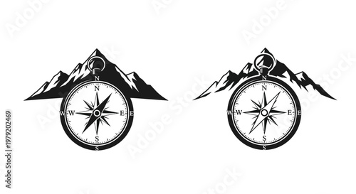 Two black and white compass designs featuring mountain silhouettes