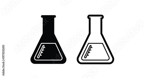 Two conical flasks one filled and one empty in black and white