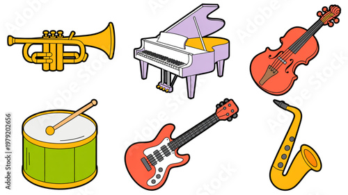 Colorful musical instruments including a drum, guitar, trumpet, and saxophone Vector