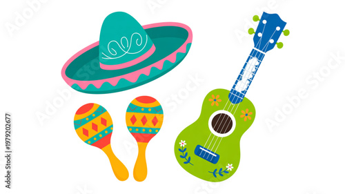Colorful toy maracas and guitar set with sombrero Vector
