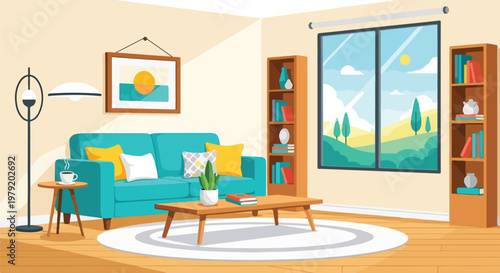 Teal sofa with colorful pillows indoor.