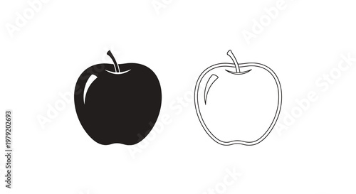 Two apples depicted in contrasting black and white line art styles