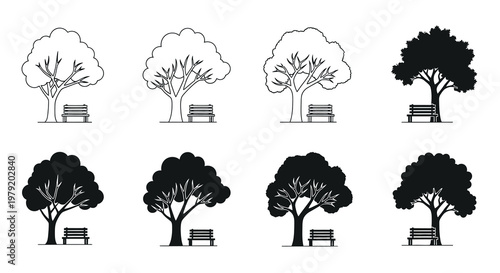 Stylized trees with park benches in varying shades of black and white