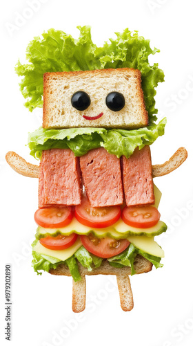 Funny sandwich character with lettuce tomato cucumber ham and olives.