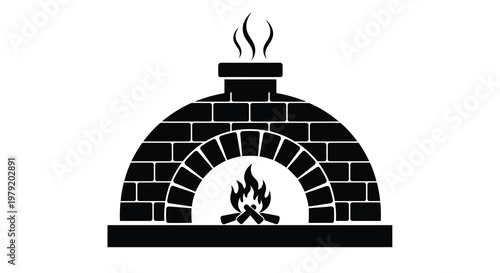 A black and white illustration of a brick oven with a visible fire
