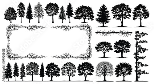 A collection of various trees in different shapes and sizes