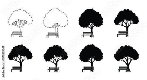 Variations of trees with benches in black and white illustrations