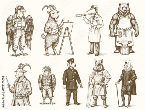 Vintage animal characters dressed as Victorian gentlemen, engraving illustration of people with animal head